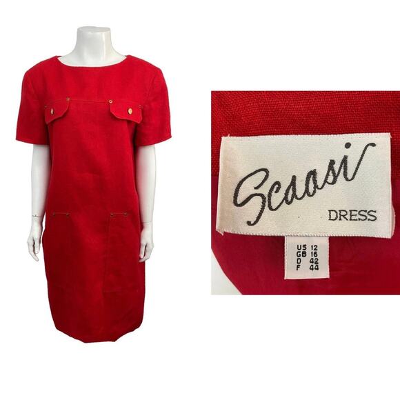 Designer Vintage Scaasi Red Linen Shirt Dress / Women’s Large * - Picture 1 of 4